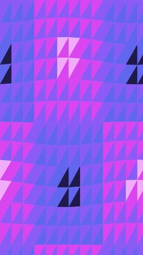 Abstract geometric mosaic video in portrait orientation with dynamic punk purple, pink, and blue triangular patterns. Perfect for mobile UI, vertical motion backgrounds, social media stories, ads.