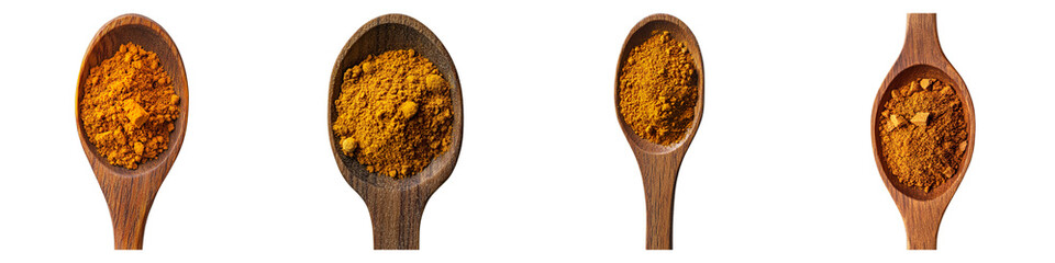 Close-up of four wooden spoons filled with curry powder. The powder is vibrant and colorful, showing a variety of different spices and texture.