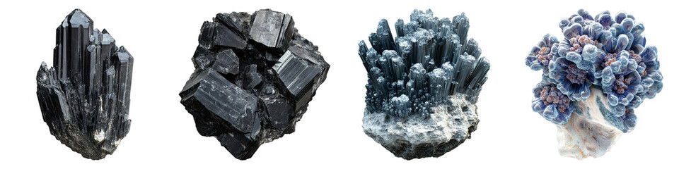 A close-up view of four different rocks in a row. They look like sharp, beautiful crystals of different colors.