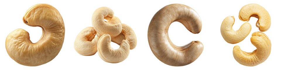 A close-up shot of several fresh cashew nuts in a row. They look fresh, smooth, and ready to be eaten.