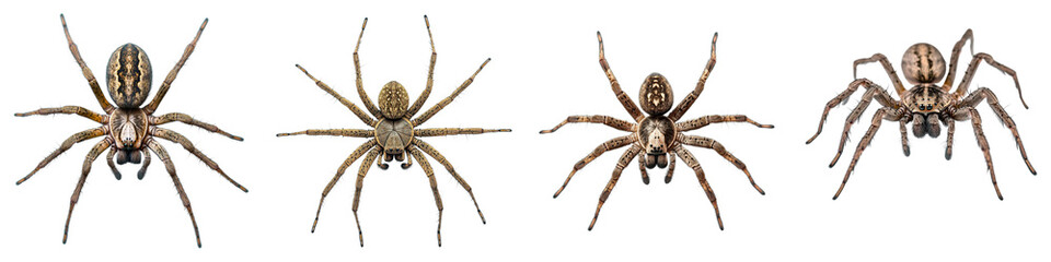 A set of brown spiders with a frontal view. These spiders have long legs and are captured up close in the frame.