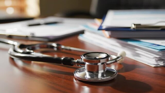 Stethoscope on desk in clinic, healthcare and medical consultation concept