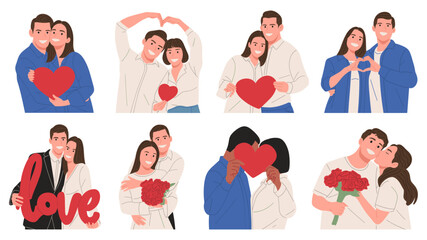 vector illustration set of happy romantic couples expressing love through hugs, heart symbols, flowers, and affectionate gestures. Ideal for Valentine&rsquo;s Day designs,wedding themes, love stories, greet