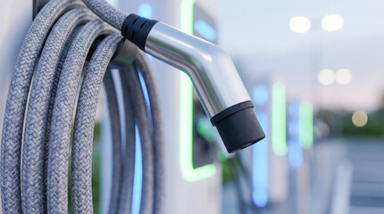 Obraz premium Close Up of EV Charging Connector and Braided Cable with Neon Charger Bokeh