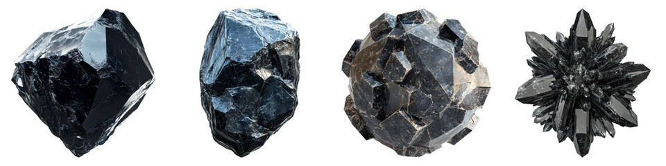 Four different formations of Obsidian minerals stand out against a black backdrop, showcasing their captivating textures.