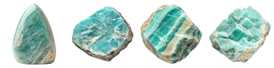 Four beautiful aquamarine stones that show off the mineral's color and form. The stones are in different shapes, with various textures and patterns.