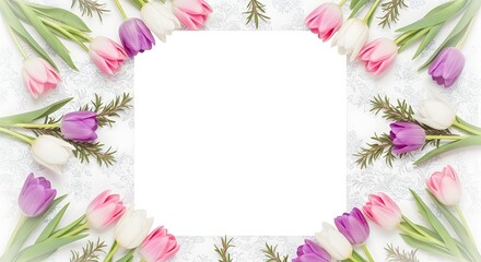 Obraz premium Tulip floral border frame with blank white space