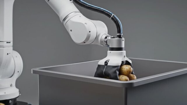 A white robotic arm performs ai-driven sorting of potatoes in a clean, futuristic gray studio shot.