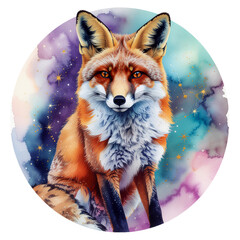 Obraz premium Cute Watercolor Fox Illustration with Magical Night Background