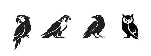 Naklejka premium Collection of Four Stylized Bird Silhouettes - Parrot, Falcon, Crow, and Owl.