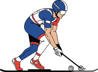 Obraz premium Dynamic winter sport athlete racing downhill on skis holding stick and puck illustration vector