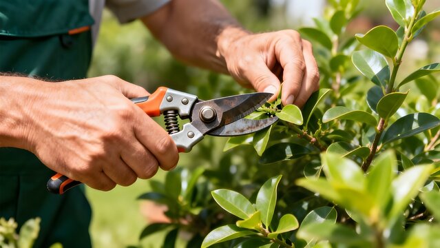 Close-up view of a garden maintenance worker using pruning shears to trim plants. Focus on hands, tools, and foliage with no face visible, suitable for gardening and landscaping service concepts.