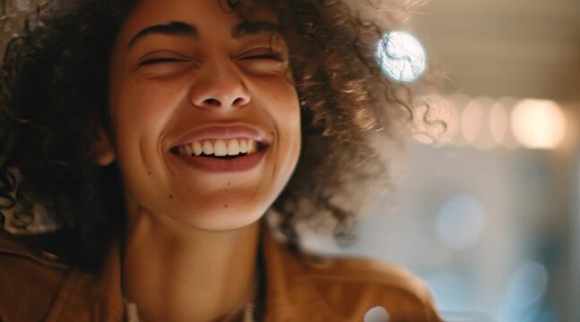 Person looking at their cell phone and smiling upon receiving a message, emotional close-up, blurred background.