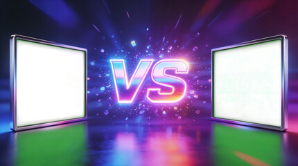 Futuristic VS versus comparison template with blank transparent PNG screens and neon purple galaxy background for sports match, gaming battle or product showdown presentation