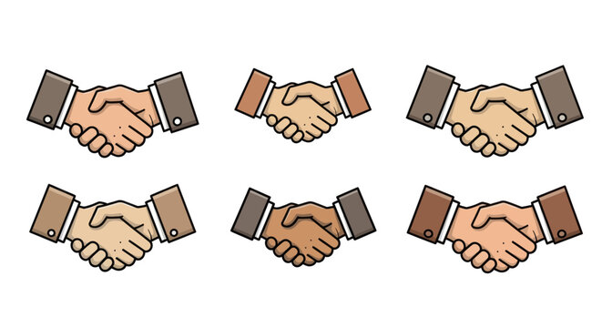 Six stylized depictions of a handshake, with varying skin tones and suit colors on a white background