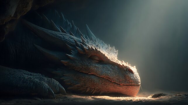 Ancient scaled dragon resting peacefully within a dark cavern. illuminated by warm light