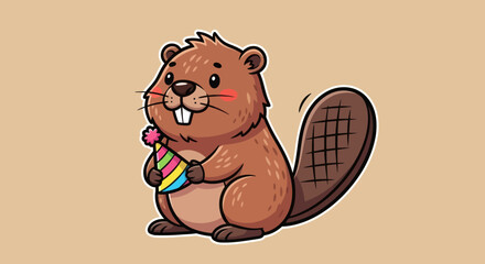 A cartoon beaver with a party hat, rosy cheeks, and a large tail. It?s on a beige background © firda
