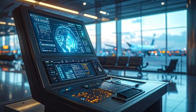 Modern control panel at an airport. Displays detailed data and aircraft positions. Interior view with plane outside. Blurred background