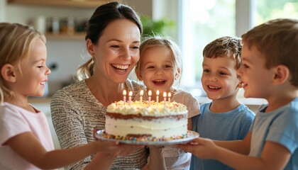 Happy family celebrating birthday with cake.