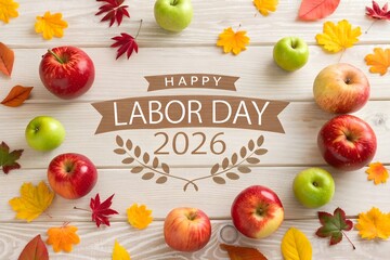 Happy labor day 2026 with apples and autumn leaves