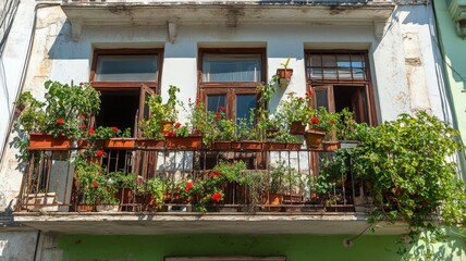 A Traditional European Balcony Adorned With Overflowing Pots Of Flowers And Greenery