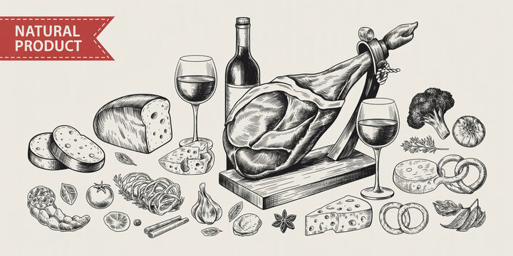 Natural food products still life illustration, vintage sketch style, ham leg, wine, cheese, bread, vegetables, pasta, garlic, herbs, artistic display