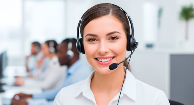 Smiling female call center agent wearing headset in a modern office environment