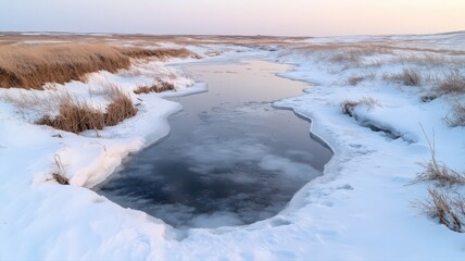 Obraz premium A Vast Icy Tundra With A Single Frozen Lake In The Center Under A Clear Sky At Dusk