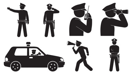 Police officer figures and patrol car in a simple graphic black and white vector icon set for law enforcement and public safety illustrations. © M Bilal