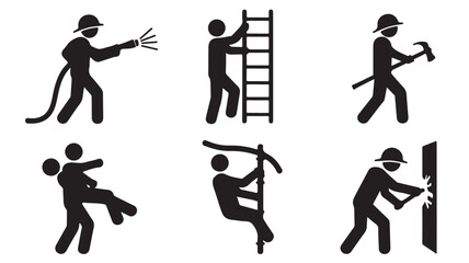 Obraz premium Firefighter and Rescue Worker Icons Dynamic Essential Black and White Vector Silhouettes for Emergency Services and Safety Information Design