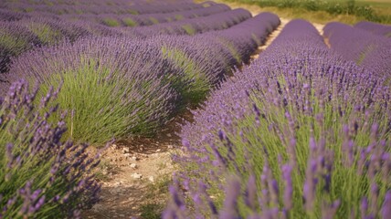 A Vast Lavender Field with a Single Path Cutting Through in Full Bloom on a Sunny Day