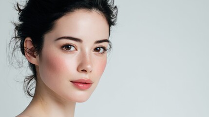 Obraz premium Radiant Beauty: A captivating close-up of a youthful woman exudes natural radiance, her skin glowing with health and vitality. A serene portrait of delicate features.