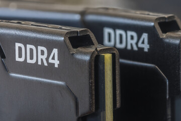 Macro image of DDR4 RAM sticks showing high-speed memory hardware used in desktops and servers.