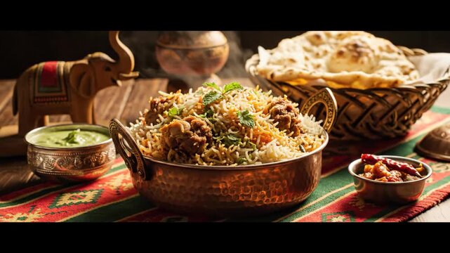 Delicious Biryani Dish with Spices and Flatbread.