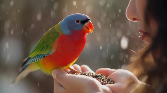 Close-up video of a cute colorful bird eating seeds from a woman&rsquo;s hand, face not visible