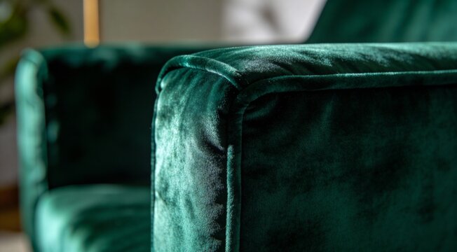 Macro detail of plush emerald green velvet sofa texture and elegant stitching.