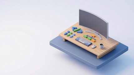 Isometric 3D App Development Scene with Developer Desk, Blank Monitor and Abstract Code Symbols Copy Space