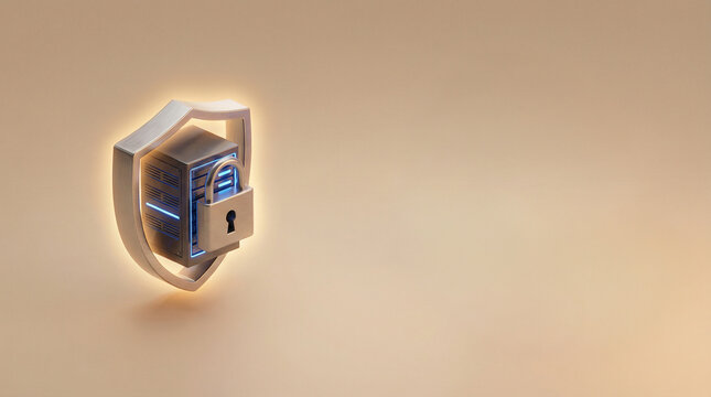 Isometric 3D Cybersecurity Concept with Server Stack, Shield and Padlock on Warm Beige Background with Huge Copy Space