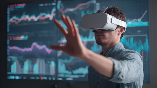 Man in virtual reality headset interacting with futuristic data visualization charts