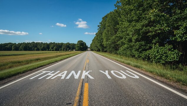Gratitude Journey 'Thank You' Painted on Serene Country Road Leading into Summer Forest, Appreciation, Mindfulness, and Positive Concept