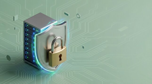 Isometric 3D Cybersecurity Concept with Server Stack, Shield and Padlock on Green Background with Huge Copy Space