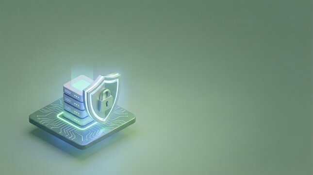 Isometric 3D Cybersecurity Concept with Server Stack, Shield and Padlock on Green Background with Huge Copy Space