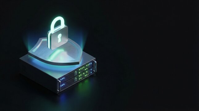 Isometric 3D Cybersecurity Concept with Server Stack Protected by Shield and Padlock on Black Background with Huge Copy Space