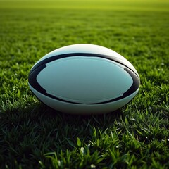 Dominant oval ball on manicured grass of a rugby pitch, signifying the foundation of a team sport,  training,  rugby pitch