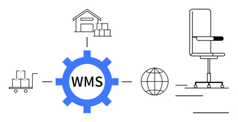 Obraz premium Warehousing, supply chain, logistics, business workflows, inventory management, e-commerce. Gear labeled WMS connecting a warehouse, pallet globe and office chair. Warehousing and supply chain