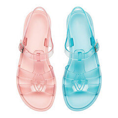 Fototapeta premium Two colorful transparent jelly sandals isolated on transparent background for summer fashion