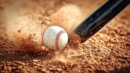 AI Generated Action  Baseball Bat Hitting Ball, Dust Cloud Explosion, Dynamic Sports Motion