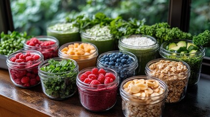 Assorted fresh fruits and vegetables in clear glass containers.