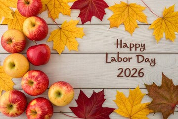 Happy labor day 2026 with apples and autumn leaves