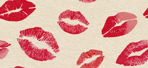 Red lipstick kiss marks covering a cream textured paper surface, creating a playful pattern. Red lipstick kiss marks seamless pattern on textured paper